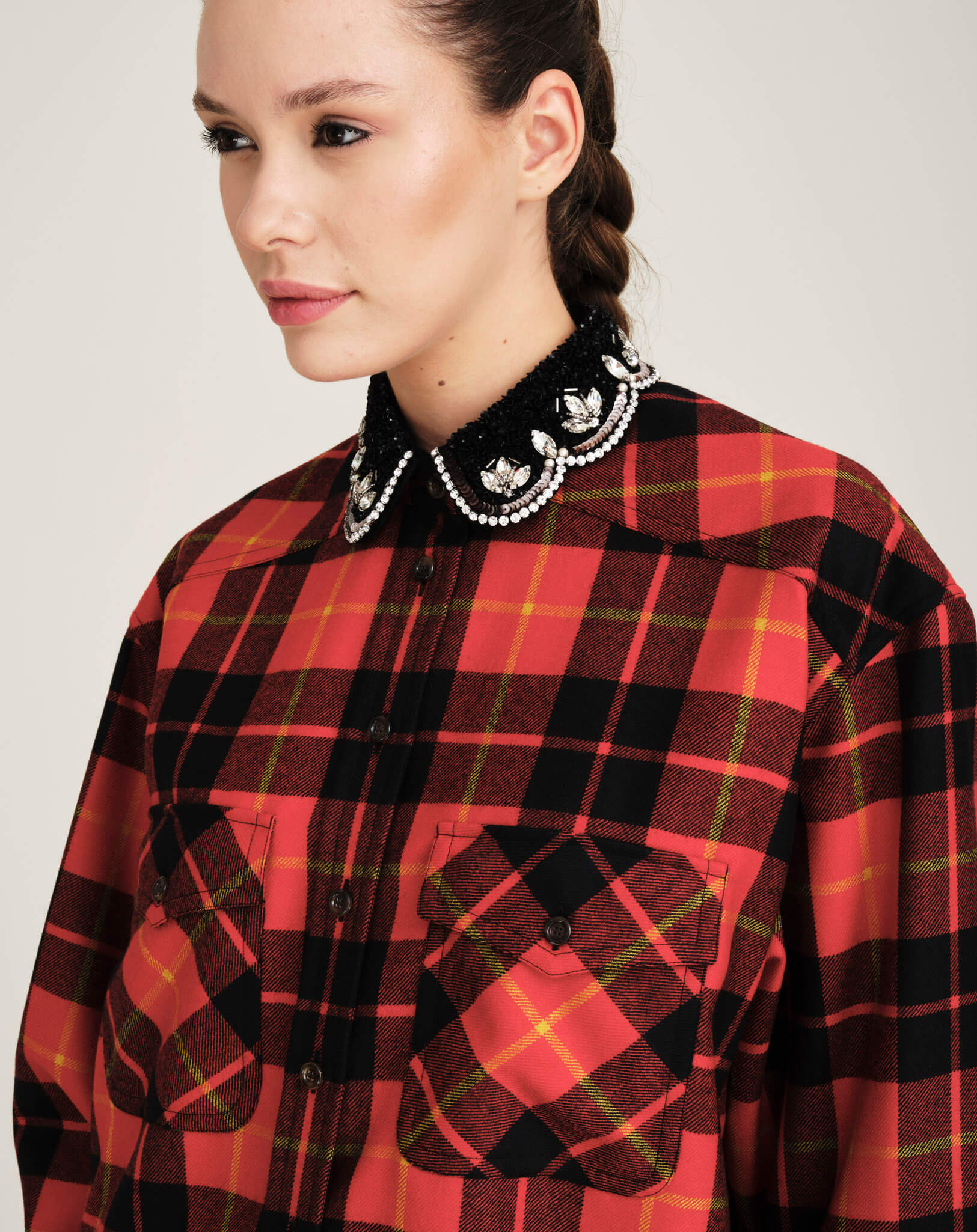 Gucci - Beaded Collar Check Red Shirt IT40 -OVERSIZE